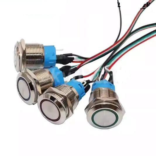 مفتاح زر ضغط معدني لحظي 19 مم – مقاوم للماء بمعيار IP65، مؤشر LED، كابل طاقة/مفتاح تشغيل متضمن