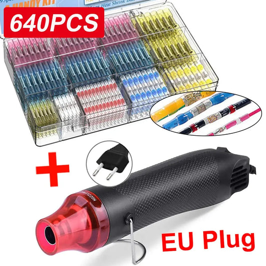 640/250PCS Waterproof Heat Shrink Butt Crimp Terminals Solder Seal Electrical Wire Cable Splice Terminal Kit with Hot Air Gun electrical center b2c