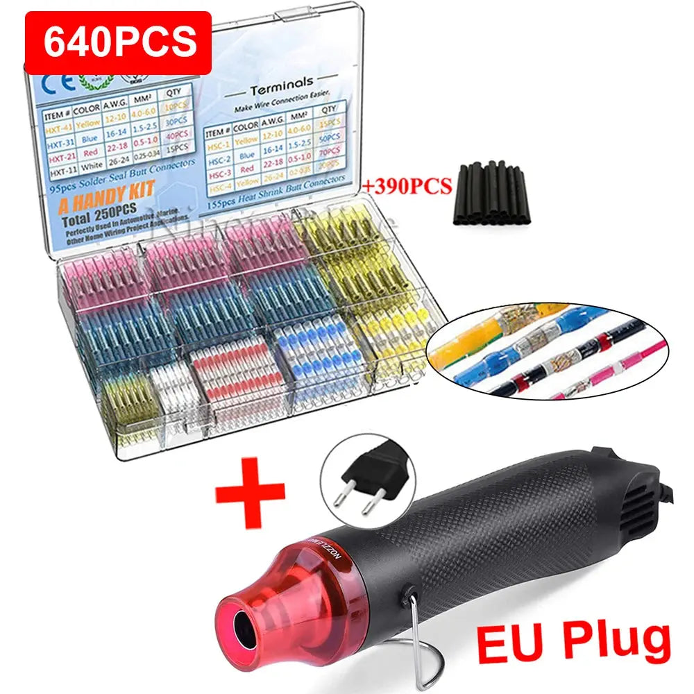 640/250PCS Waterproof Heat Shrink Butt Crimp Terminals Solder Seal Electrical Wire Cable Splice Terminal Kit with Hot Air Gun - electrical center b2c