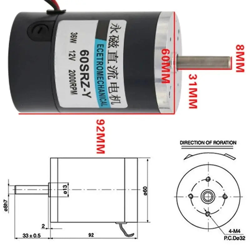 60SRZ-Y 36W Permanent Magnet DC Motor 12V 24V Adjustable Speed Motors High Speed Brushed Double Ball Bearing :Low Noise 12 Volt - electrical center b2c
