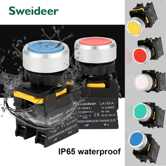 Button Switch Waterproof Momentary Self Reset Self Locking Flat Round Head 22mm Power Push Button Switch 10A 1NO 1NC Red Green - electrical center b2c