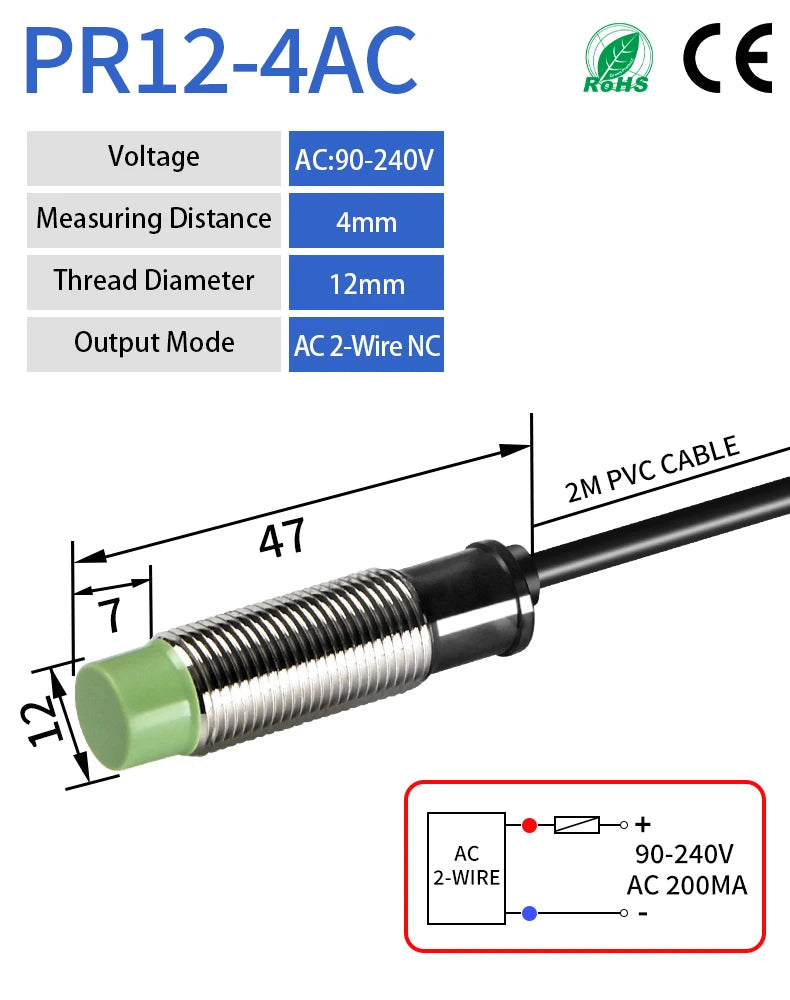 GTRIC PR12 Inductive Proximity Sensor PR12-4DN PR12-4DP M12 Short Type Proximity Switch 4MM Non-Flush 10-30V DC NPN PNP 2M Cable