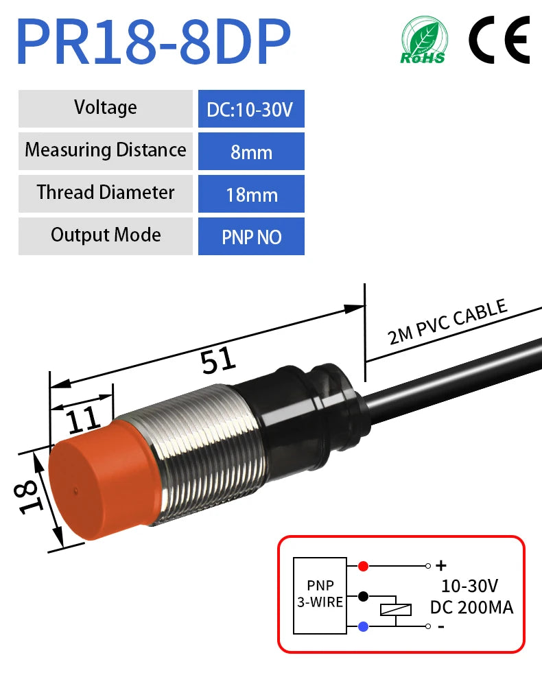 PR18 Inductive Proximity Sensor ,DC10-30v measuring distance 8mm sensor,thread diameter 18mm sensor,3-wire pnp NO sensor