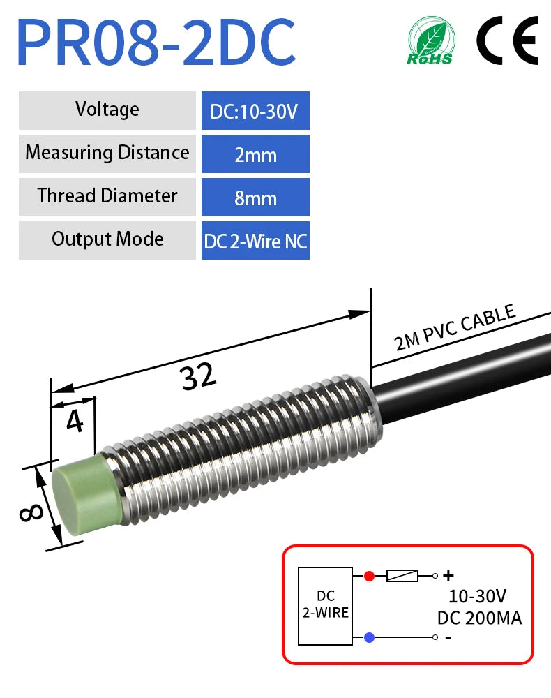 GTRIC PR08 Inductive Proximity Sensor Switch M8 Short Type 12-24V DC Non-Flush PR08-2DN PR08-2DP NPN PNP 2mm Sensing Distance