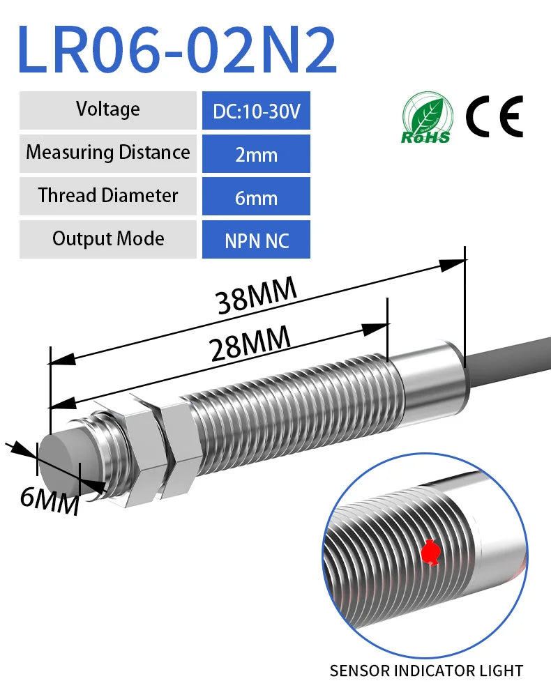 LR06 series miniature inductive proximity sensors with sensing distance 2mm indicator, dc10-30v thread diameter 6mm sensor, sensor output mode DC 3-WIRE NPN NC
