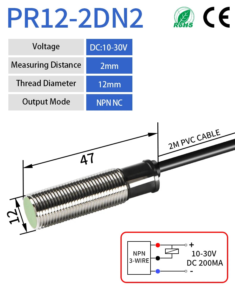 PR12-2DN2 Flush-Mount (Embedded) Inductive Proximity Sensor, M12 DC 10-30V NPN NC Metal Proximity Switch