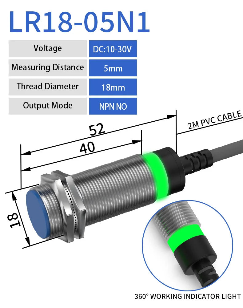 LR18 M18 Inductive Proximity Sensor ,DC10-30v measuring distance 5mm sensor,thread diameter 16mm DC 3-WIRE NPN NO sensor