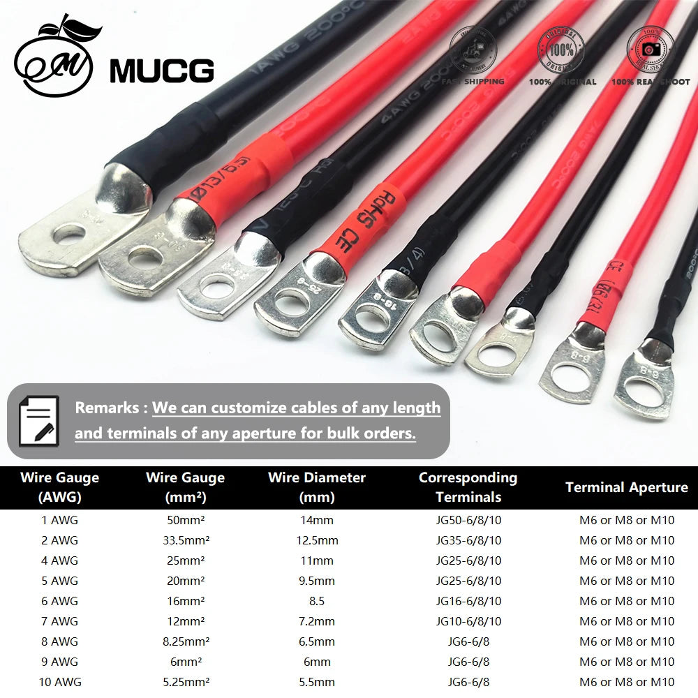 RED M6-M8 Very Soft Car Battery Cable Silicone wire With Lug Ring Terminal cable Black Red 5AWG 6AWG 7AWG 8AWG