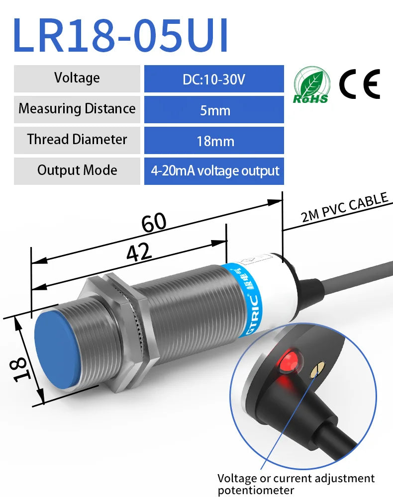 GTRIC Analog Linear Displacement Proximity Sensor M12 M18 M30 0-10V Voltage or 4-20mA Current Output Inductive Switch