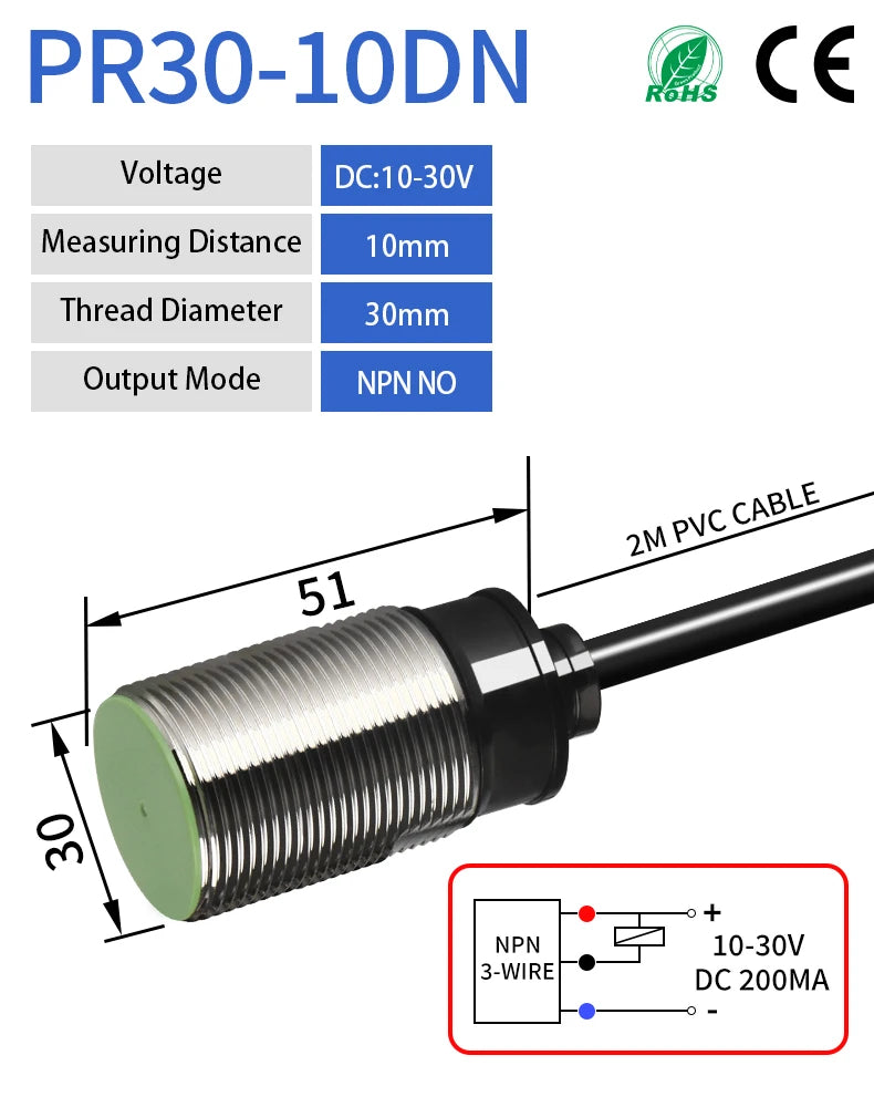 PR30 M30 Inductive Proximity Sensor ,DC10-30v measuring distance 10mm sensor,thread diameter 30mm DC 3-WIRE NPN NO sensor