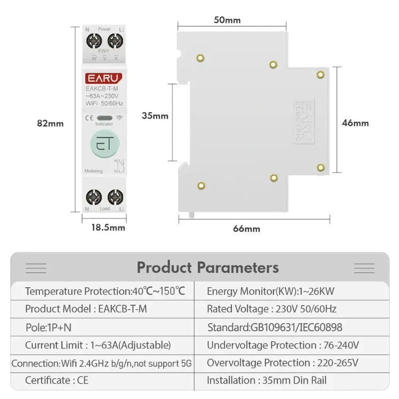 Tuya WiFi Smart Circuit Breaker MCB 1P+N 63A Timer Power Energy kWh Voltage Current Meter Protector Voice Remote Control Switch electrical center b2c