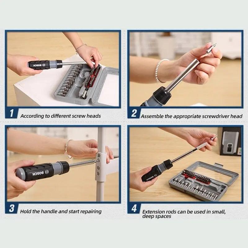 BOSCH- 46-piece Ratchet Hexagon Socket Phillips Screwdriver Combination Tool Set - electrical center b2c