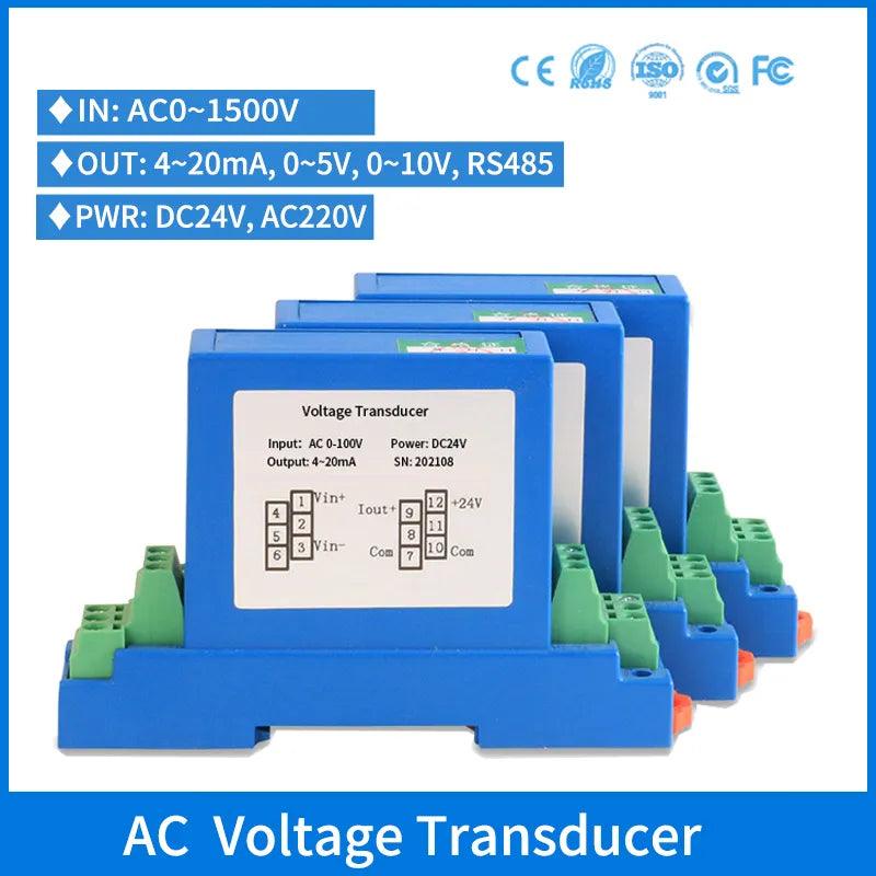 Single Phase AC Voltage Transmitter 0-1500V Voltage Transducer Analog Output 0-5V 4-20mA AC High Voltage Sensor Transducer