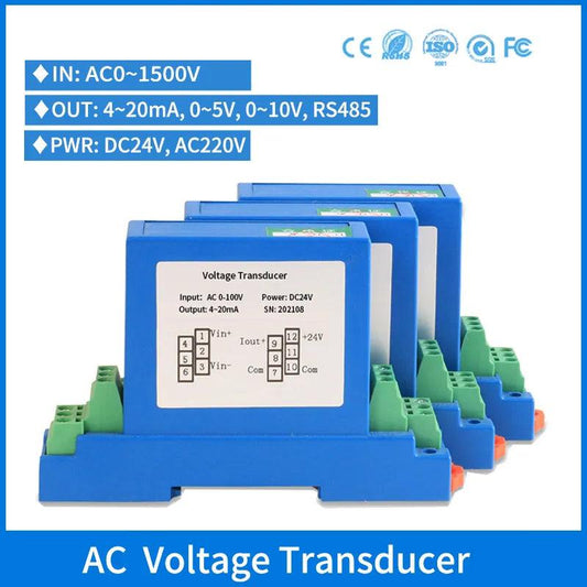 Single Phase AC Voltage Transmitter 0-1500V Voltage Transducer Analog Output 0-5V 4-20mA AC High Voltage Sensor Transducer
