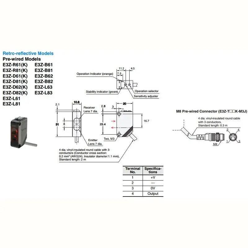 Omron- Photoelectric Sensor Retro-reflective with MSR function E3Z-R61 E3Z-R81 optional - electrical center b2c