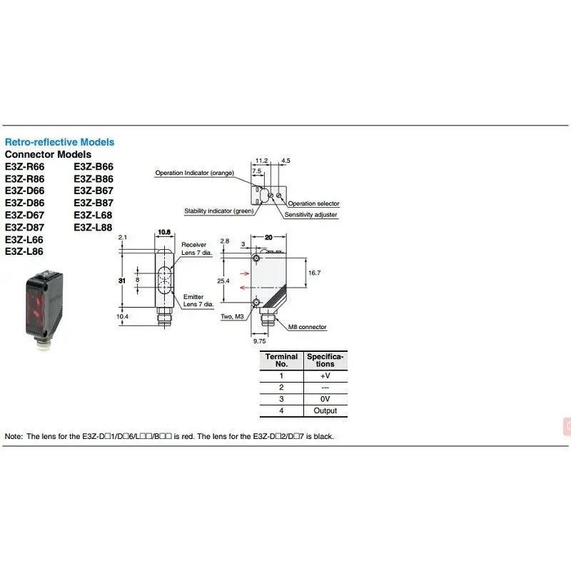 Omron- Photoelectric Sensor Retro-reflective with MSR function E3Z-R61 E3Z-R81 optional - electrical center b2c