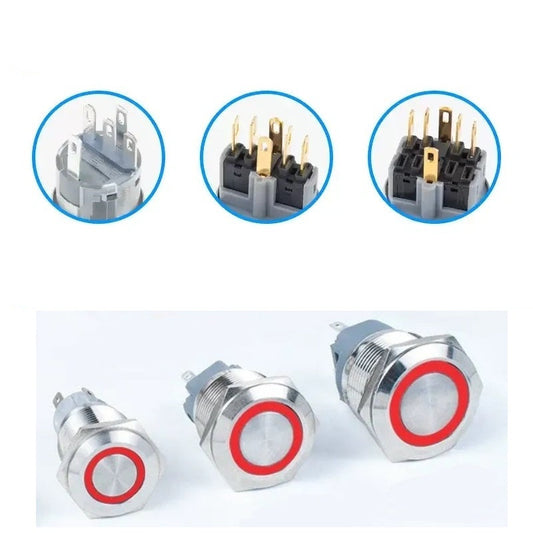 dual pole push button with red ring led,2NO2NC metal button,16mm power symbol button,19mm dual circuit button,ip65 waterproof metal switch,nickel?€?plated brass button