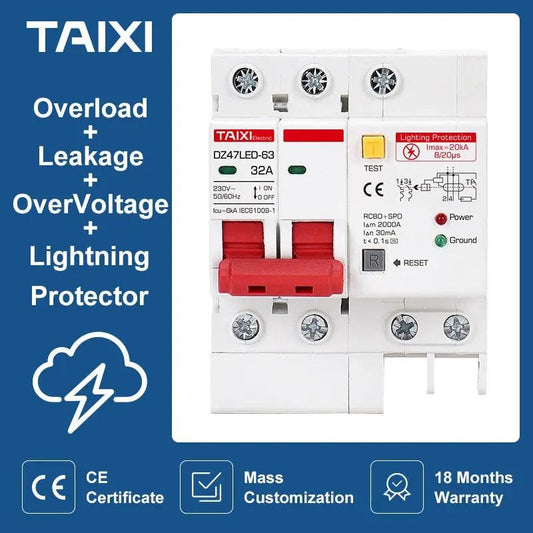 TAIXI- RCCB With Lightning Protection Leakage Surge Protector/RCBO+SPD - electrical center b2c