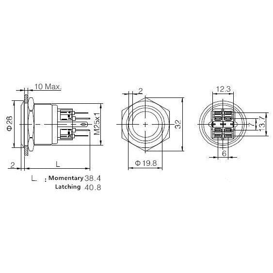 1NO 1NC 25mm Stainless Steel Latching LED Push Button Switch.