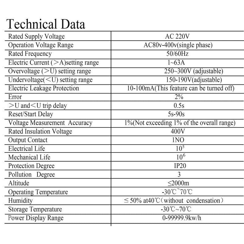 2P 63A TUYA APP WiFi Smart Circuit Earth Leakage Over Under Voltage Protector Relay Device Switch Breaker Energy Power kWh Meter.
