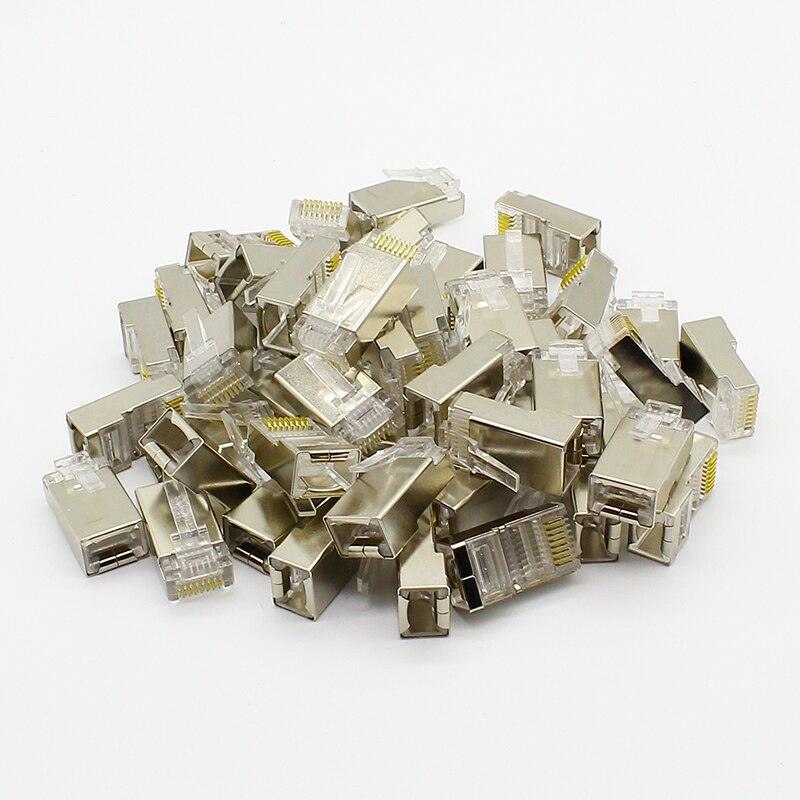 50pcs rj45 connector cat6 shielded network connectors rj45 plug 8p8c terminals for stp ethernet Cable switches modem.