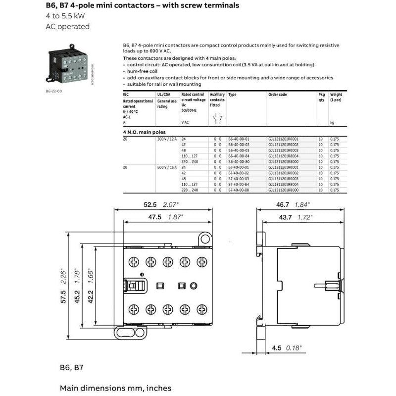 ABB- 4P Mini Contactors AC Operated | B6-22-00 B7-22-00 Optional.