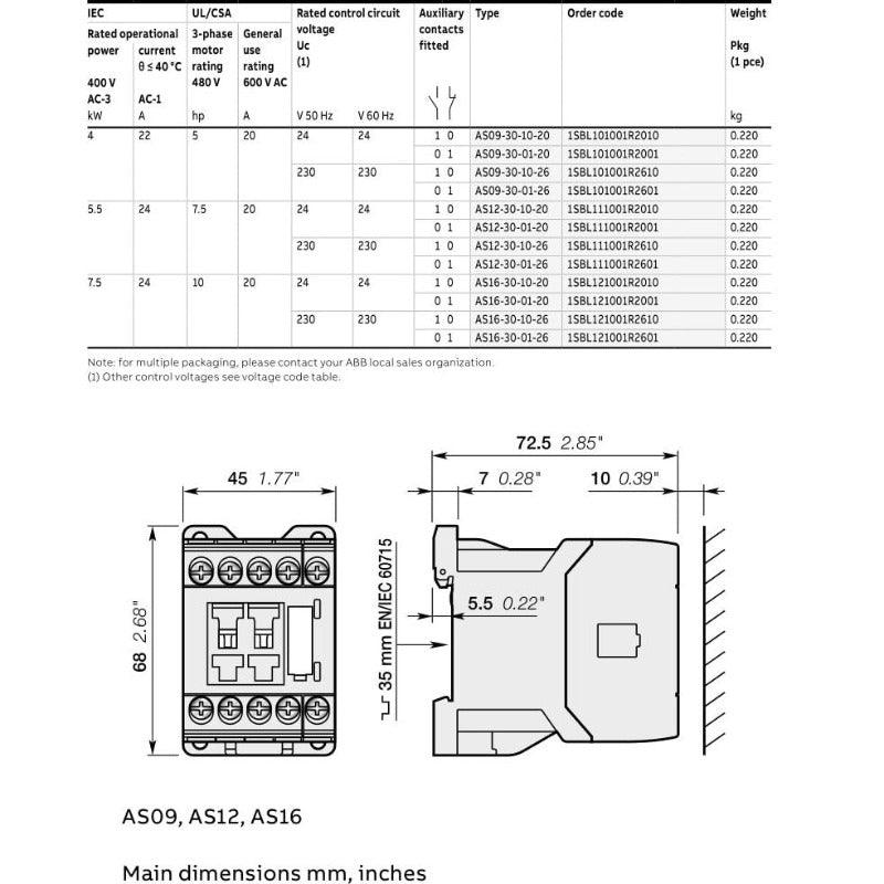 ABB AS09 3-pole Contactors AC operated| AS09-30-10-20 AS09-30-01-20 Optional.