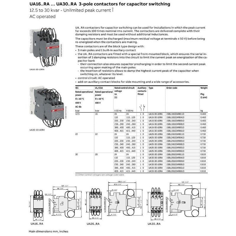 ABB- Contactors for Capacitor Switching UA16-30-10RA| Voltage optional.