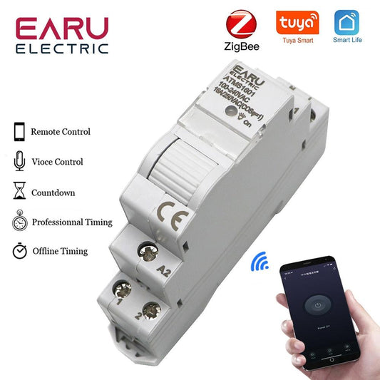 AC 110V 220V 16A Single Phase 18MM Mimi Din Rail 35mm Zigbee WIFI Smart Timer Relay Switch Breaker Remote Control by Tuya APP.
