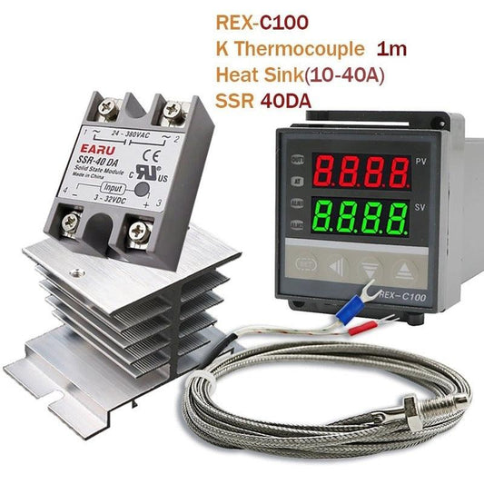 Digital PID Temperature Controller Thermostat REX-C100 + Max 40A SSR SSR-40DA Relay + K Thermocouple M6 1M Probe with Heat Sink.