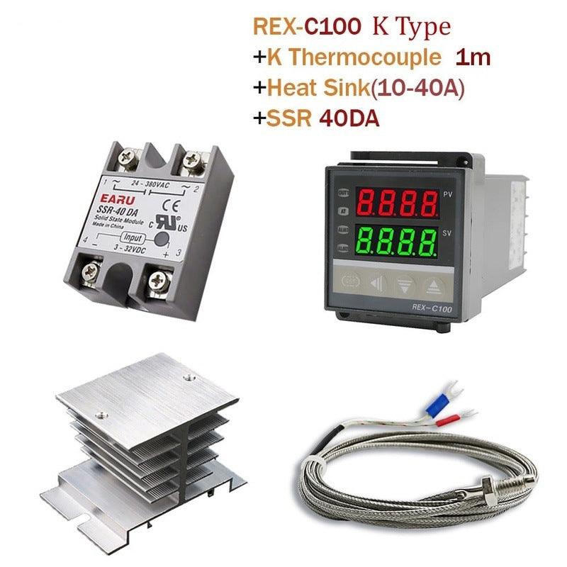 Digital PID Temperature Controller Thermostat REX-C100 + Max 40A SSR SSR-40DA Relay + K Thermocouple M6 1M Probe with Heat Sink.