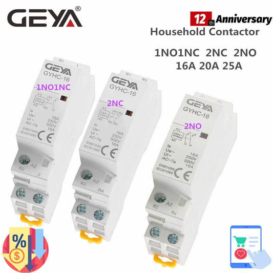 GEYA Din Rail Type Household Modular Contactor 2P 16A 20A 25A 2NC 2NO 1NO1NC 50/60Hz Automatic AC Contactor.
