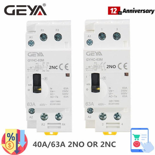 GEYA GYHC 2P 40A 63A 2NO or 2NC Manual Household Modular DIN Rail AC Contactor AC220V 230V Manual Control.