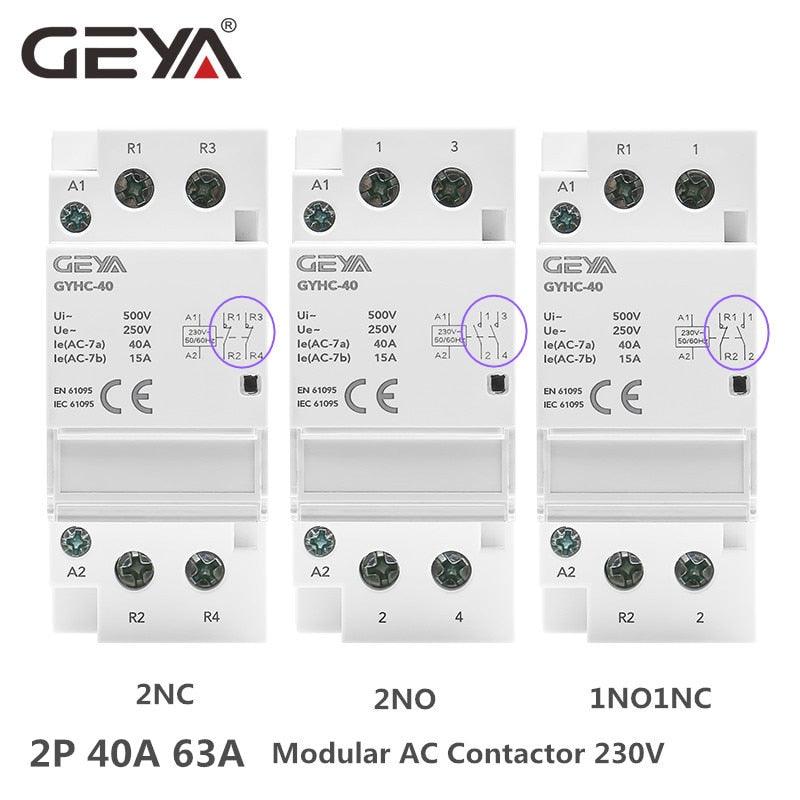 GEYA Modular Contactor 2P 40A 63A 2NO or 2NC or 1NO1NC DIN Rail Mounting AC220V 230V Automatic.