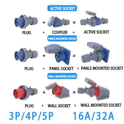 ip68 industrial socket,IP67 NEW Industrial Plug and Socket 16A 32A 3 Pin 4 Pin 5 Pin Wall Mounted Socket Panel Mounted Coupler 220V 380V 415V,new industrial plug and socket 3p 230v,32a industrial plug 4pin
