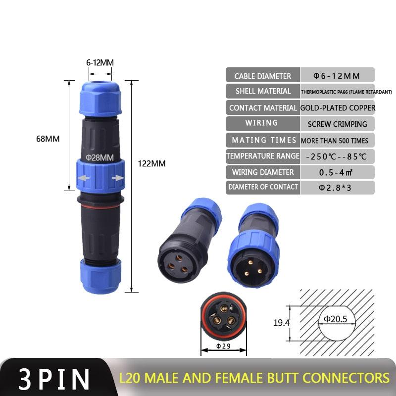 IP68 Waterproof Connector Male Plug & Female Socket 2/3/4 Pin Optional.