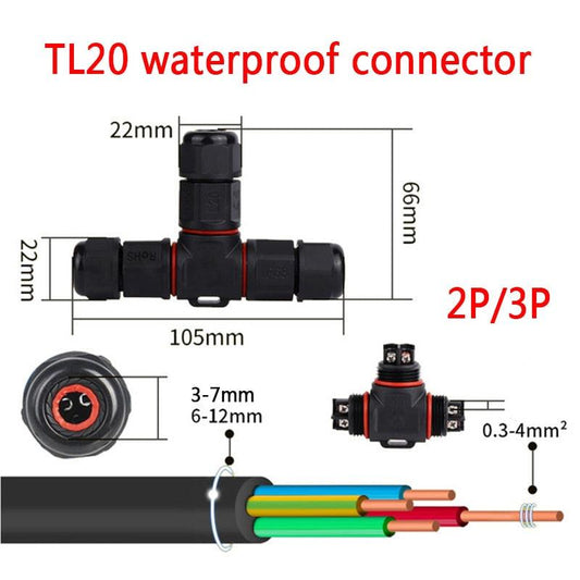 IP68 Waterproof Connector T-Type TL20 2/3 Pin Electrical Terminal Adapter Wire Connector.