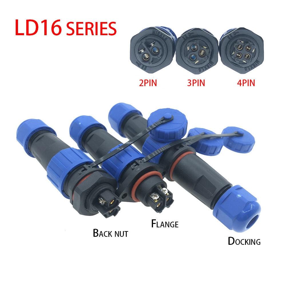 LD16 IP68 Waterproof Connector Socket Plug Back Nut Docking Flange 2 3 4 Pin Optional.