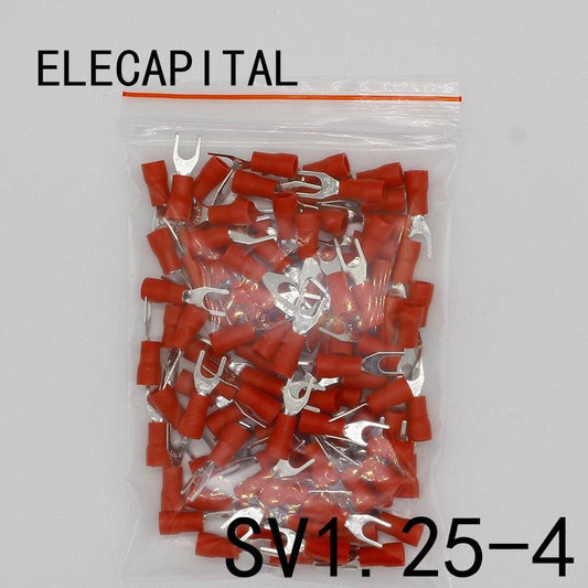 SV1.25-4 Red Furcate Fork Spade 22~16AWG Wire Crimp pressed terminals Cable Wire Connector 100PCS/Pack SV1-4 SV.SV1.25-4