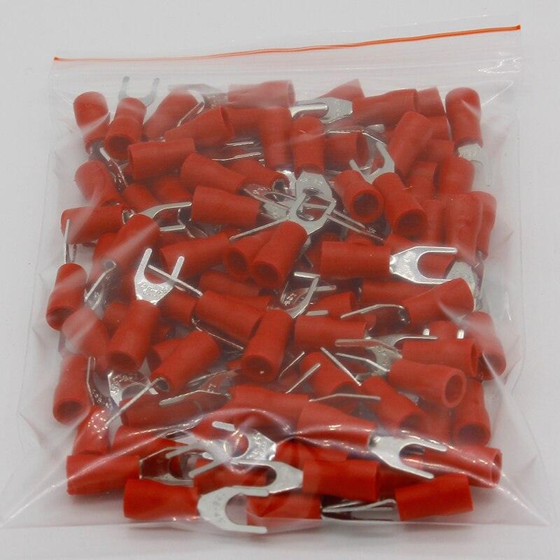 SV1.25-4 Red Furcate Fork Spade 22~16AWG Wire Crimp pressed terminals Cable Wire Connector 100PCS/Pack SV1-4 SV.SV1.25-4