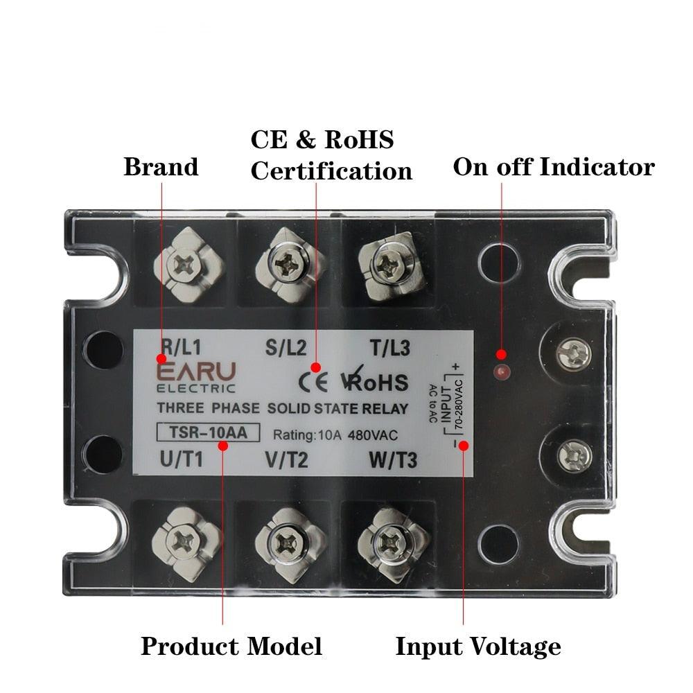 TSR SSR-10AA 25A 40A 60A 80A Three Phase SSR Solid State Relay AC Control AC 480V 70-280V Input Aluminum Radiator Heat Sink.