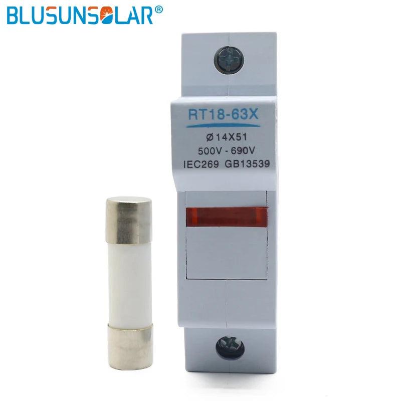 10 Sets PV Solar Fuse 500V DC 14*51Fuse, with LED Fuse Holder for Solar System Protection RT18-63X 1P