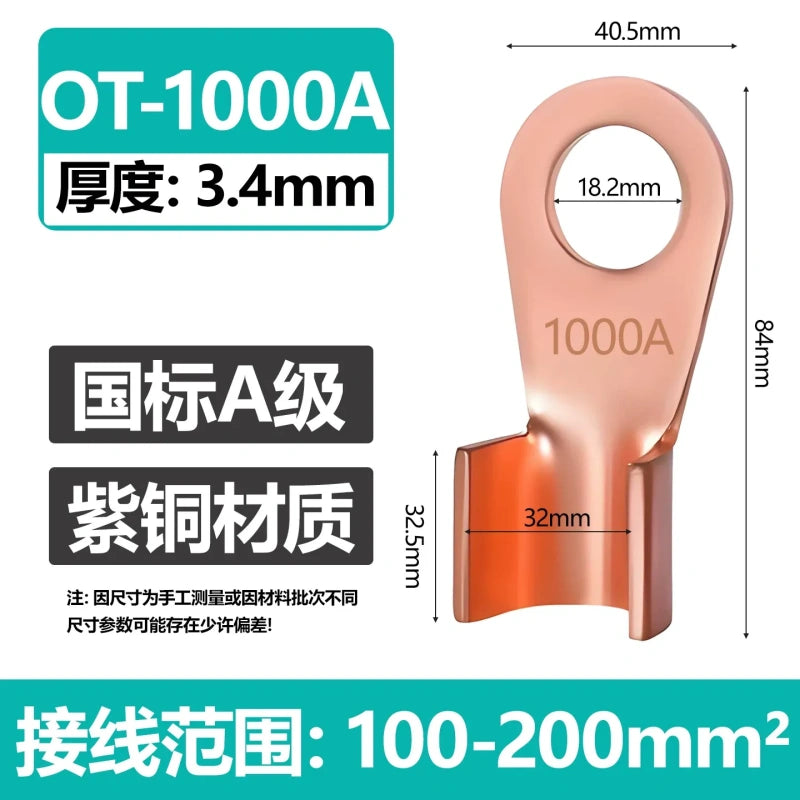 OT-1000A copper lug,open barrel cable terminal,1000A red copper wire lug,battery cable connector,round hole terminal lug with wiring range:100-200mm