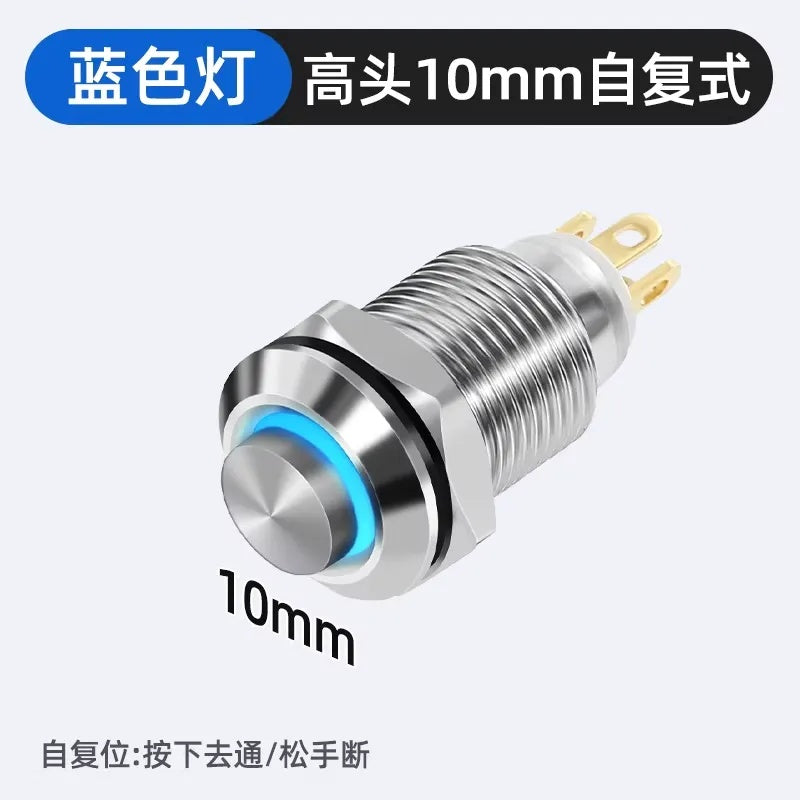 Metallic push-button switch with blue light on a white background