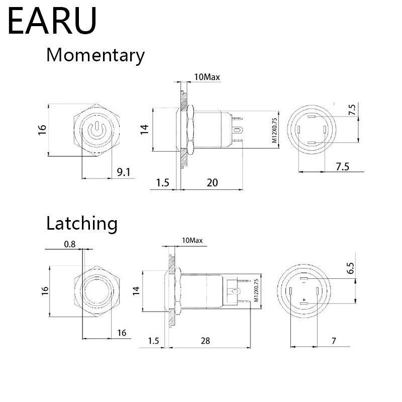 12mm Waterproof Metal Push Button Switch LED Light Black Power.