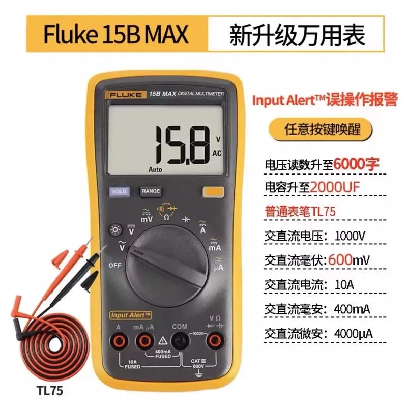 Fluke Multimeter FLUKE F15B MAX  True RMS Electrical Tester, AC DC Voltmeter Ammeter Ohmmeter for Industrial, HVAC, and Home Use