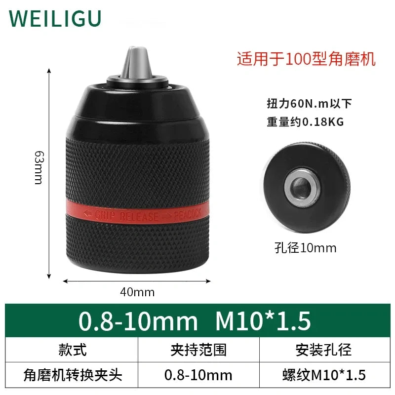 Clamping Range: 0.8–10mm | Thread: M10*1.5 drill adapter,ANGLE GRINDER CONVERTER CHUCK