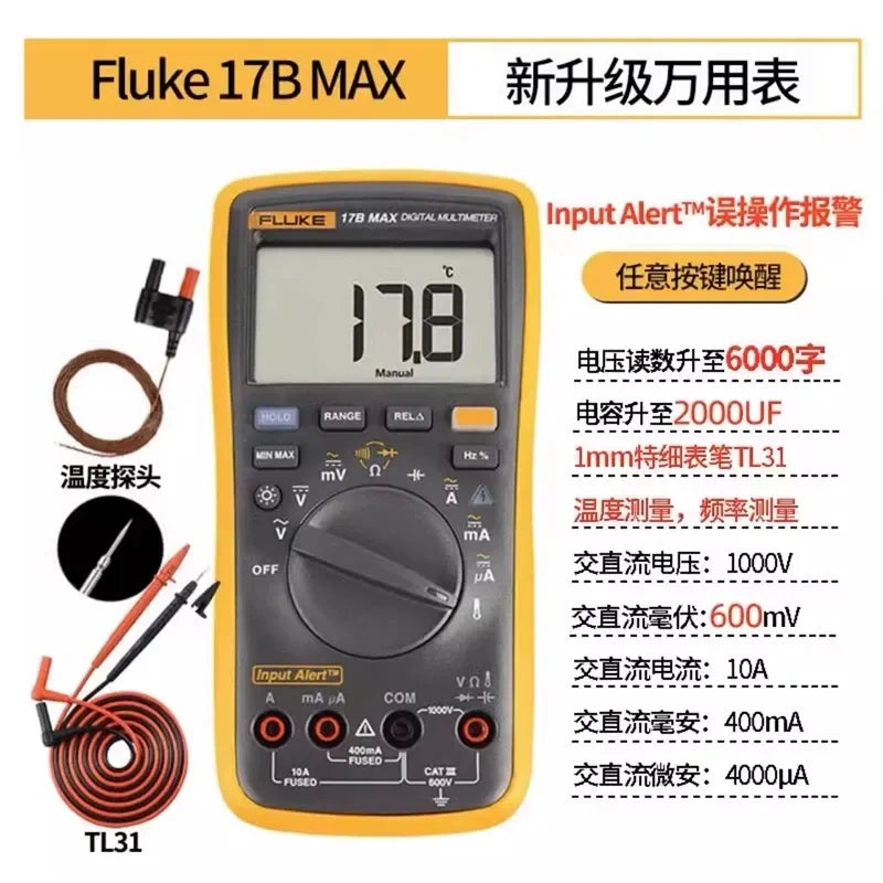 Fluke Multimeter FLUKE F17B MAX  True RMS Electrical Tester, AC DC Voltmeter Ammeter Ohmmeter for Industrial, HVAC, and Home Use