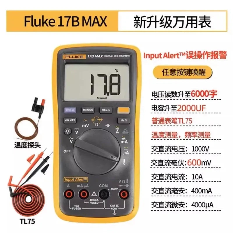 Fluke Multimeter FLUKE F17B MAX  True RMS Electrical Tester, AC DC Voltmeter Ammeter Ohmmeter for Industrial, HVAC, and Home Use