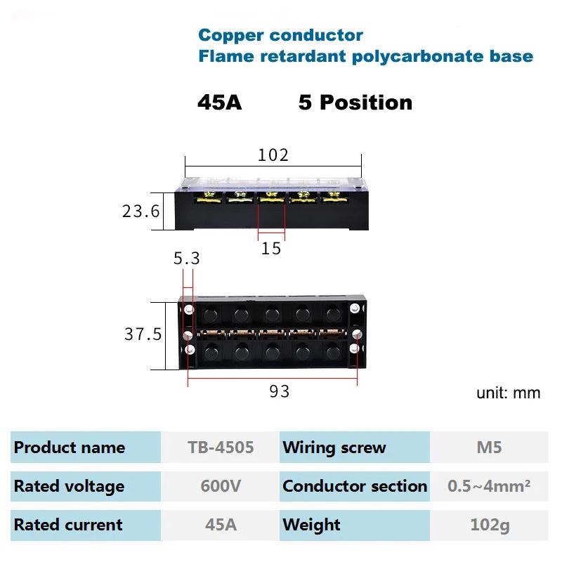 1Pcs Dual Row Strip Barrier Screw Terminal Block Fixed Wire Connector TB-4503/4/5/6/10/12 Positions 600V 45A